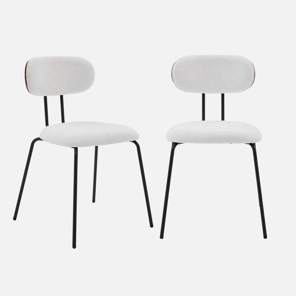 Set di 2 sedie decorazione legno curvato tinto noce e tessuto idrorepellente gambe metallo nero, Bianco