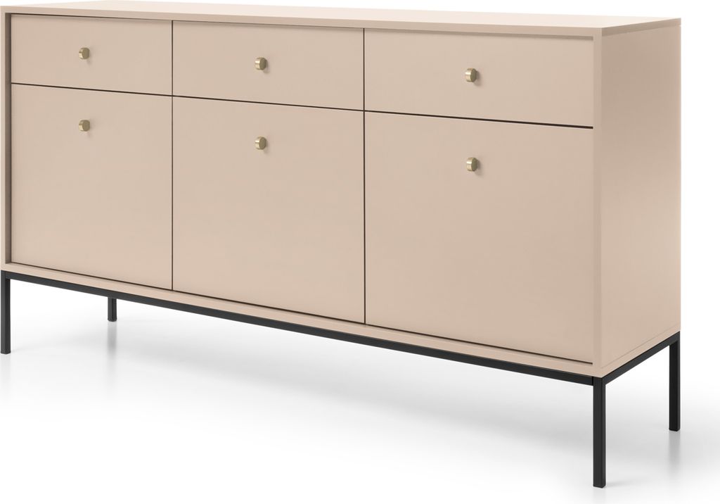 Masseno Kommode MONDO 154 cm Sideboard mit 3 Schubladen und 3 Türen für Wohnzimmer Schlafzimmer Modern 154x39x83 cm Beige / Beige