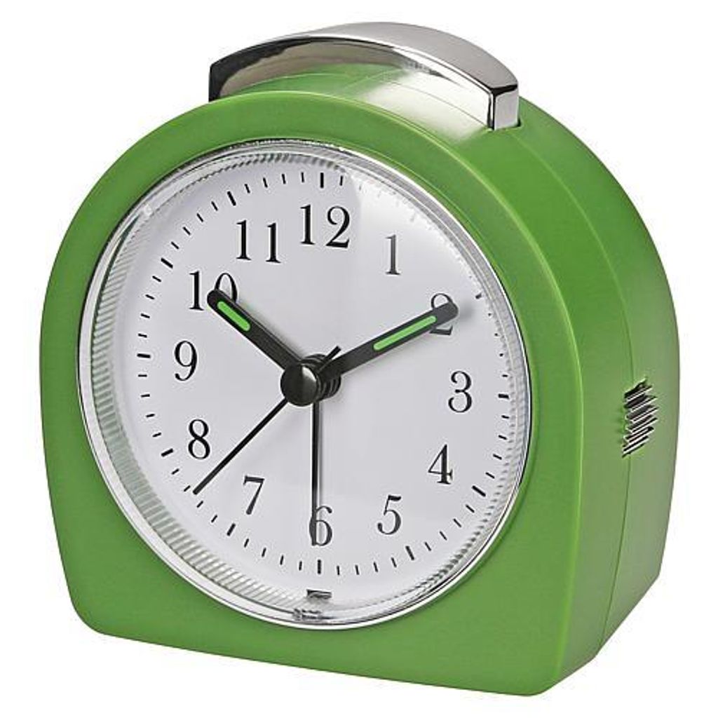 A green retro-style analog alarm clock is shown against a white background.