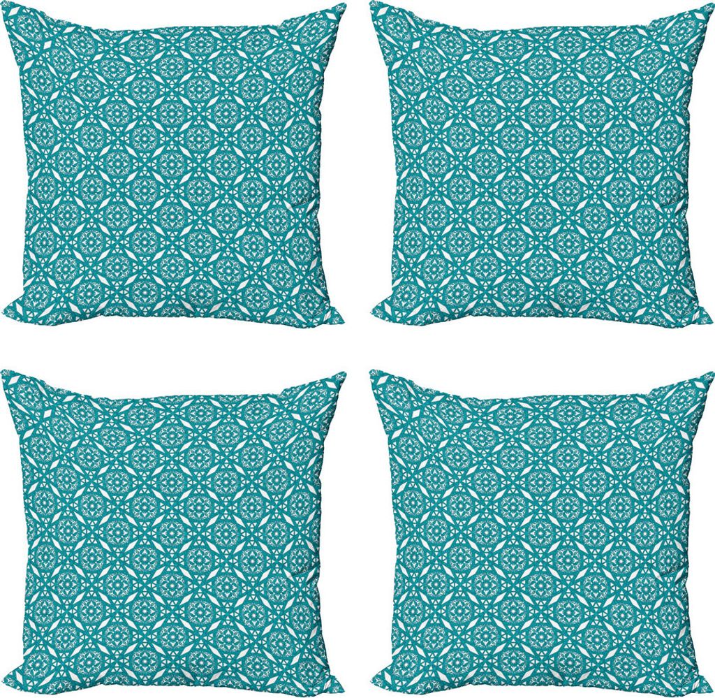 ABAKUHAUS persisch Kissenbezug Set (4 Stück), Marokkanische Blumenwirbel, Moderner Doppelseitiger Digitaldruck, 50 cm x 50 cm, Teal weiß