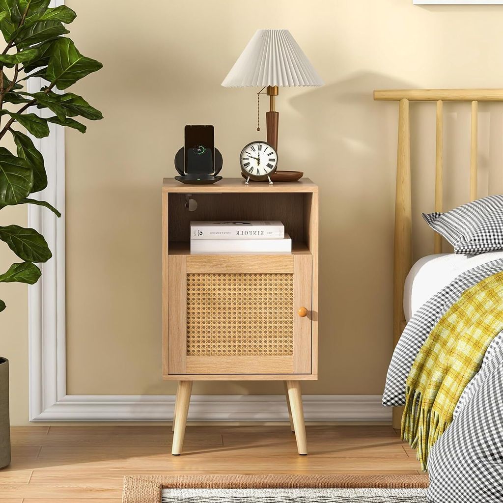 Huhote Comodino, comodino in legno bohémien, tavolino con cassetti decorati in rattan, comodino moderno, tavolino da camera da letto con contenitore, montaggio facile e veloce (colore legno