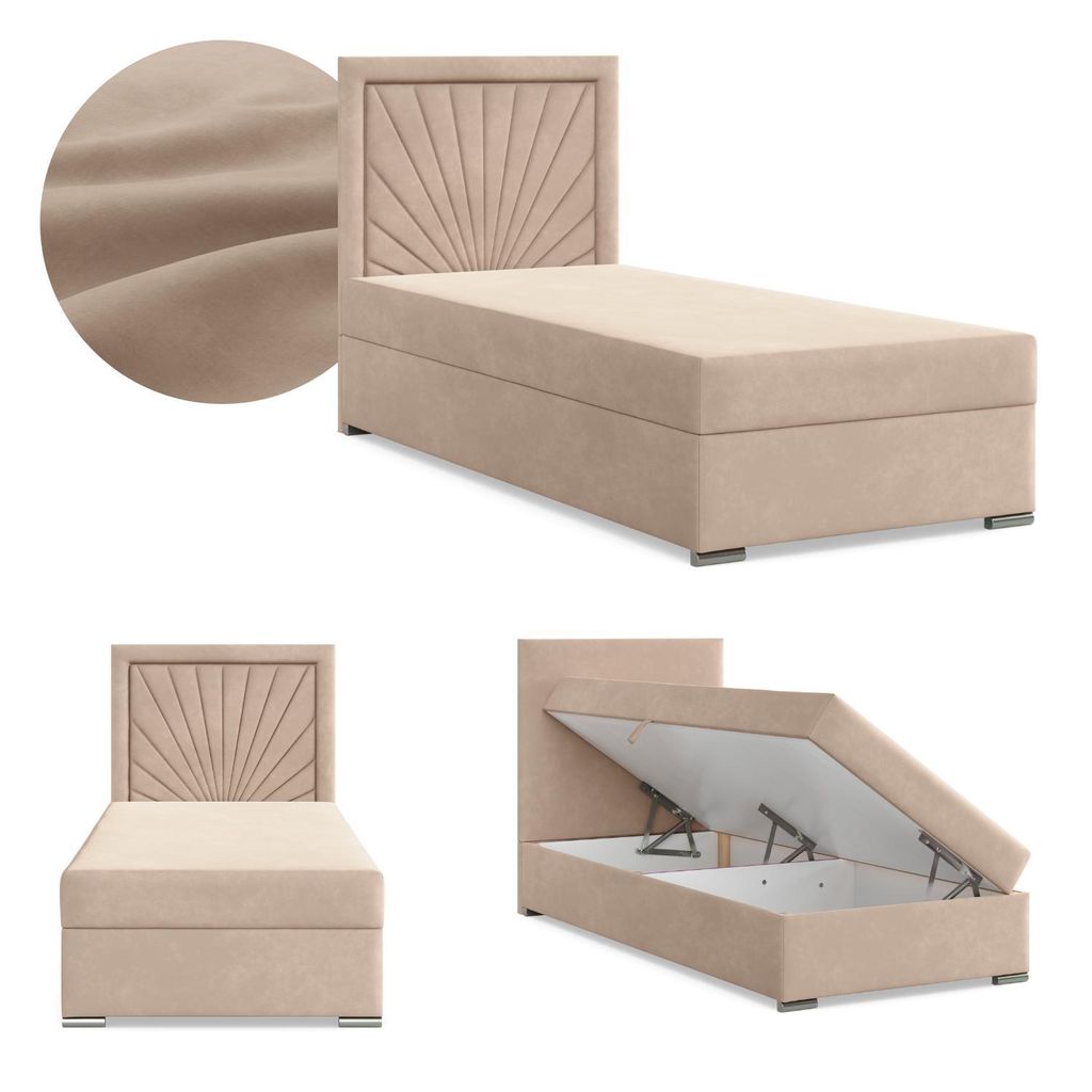 Boxspringbett mit Bettkasten, Einzelbett 90x200, Polsterbett mit Kopfteil, mit Bonell Matratze, Jugendbett, Kinderbett, Samt-Velours, VICENZA, Beige
