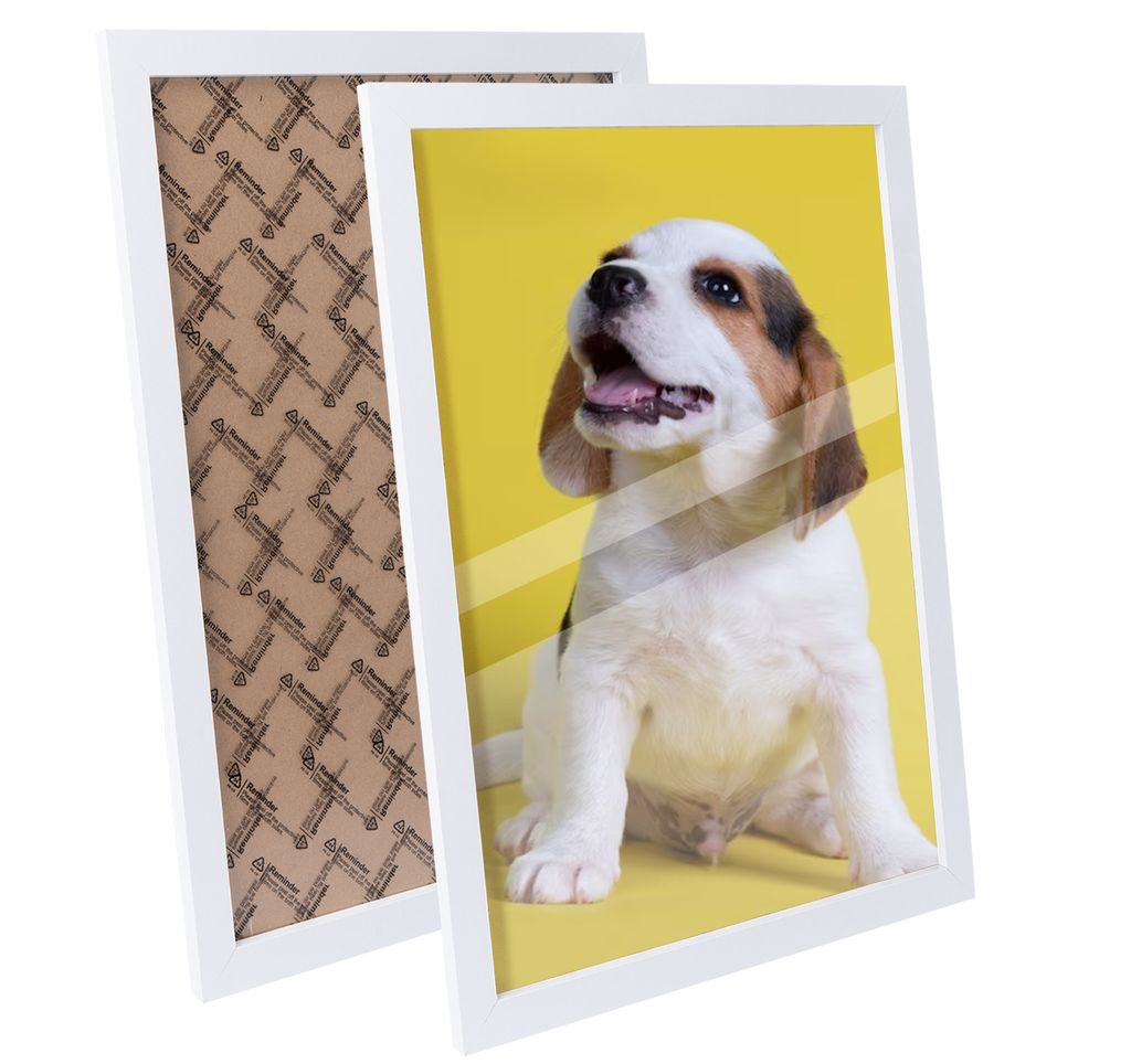 Two picture frames are shown, one with a brown patterned backing and the other displaying a beagle puppy on a yellow background.