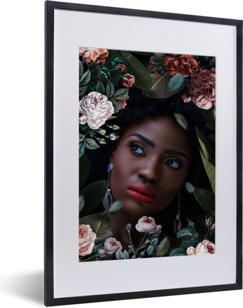 MuchoWow MuchoWow Gerahmtes Poster Frau - Blumen - Make-up 30x40 cm - Poster mit zchwarzem Bilderrahmen - Wandposter Schlafzimmer