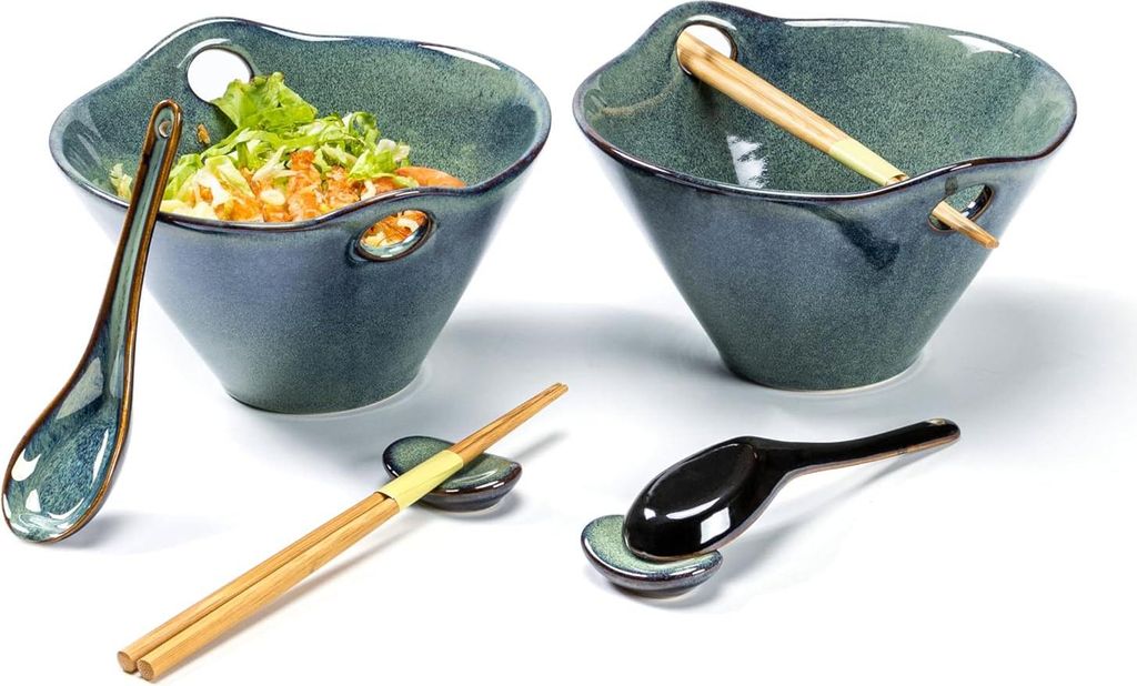 Ramen-Schüsselset aus Keramik - Japanisches Geschirr für 2 Personen - spülmaschinen- und mikrowellengeeignet