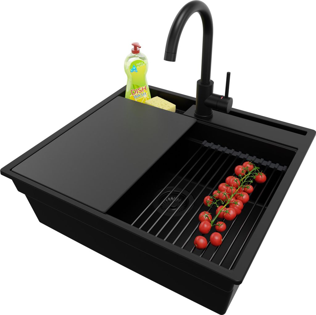 PRIMAGRAN Granitspüle Alles Schwarz 58x53cm, Spülbecken 1 Becken + Ablauf-Set + Küchenzubehörset, Küchenspüle ab 60er Unterschrank - Oslo Pocket