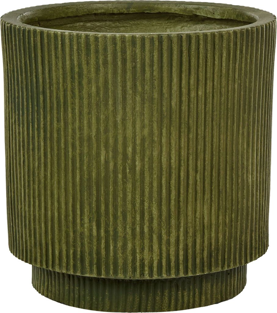 A green, ribbed planter pot with a tiered base, shown against a white background.