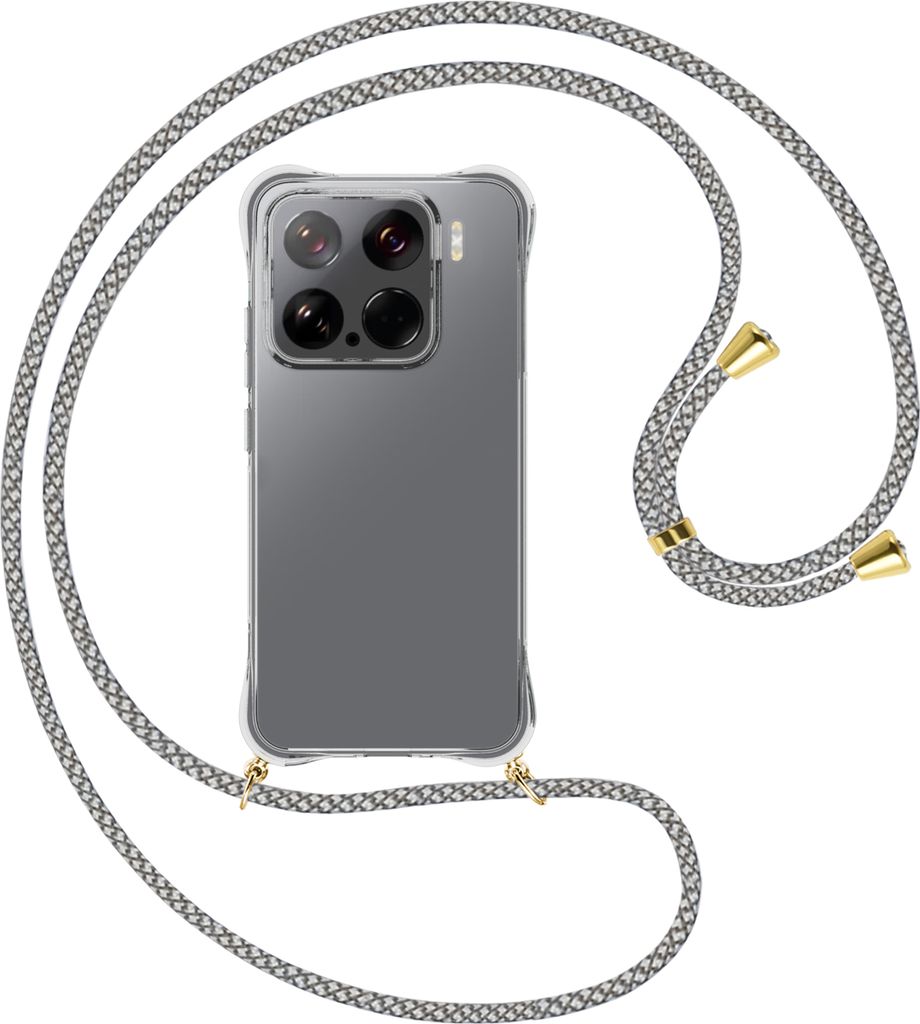 Handykette Backcover-Schutzhülle mit Band (Metall goldfarben) für Xiaomi 15 5G - weiß/grau kariert