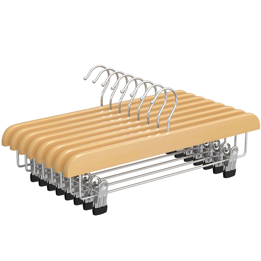 SONGMICS Rockbügel, 8er Set, Hosenbügel aus Massivholz, mit rutschfesten Clips, für Hosen, Shorts und Röcke, naturfarben CRW008-8