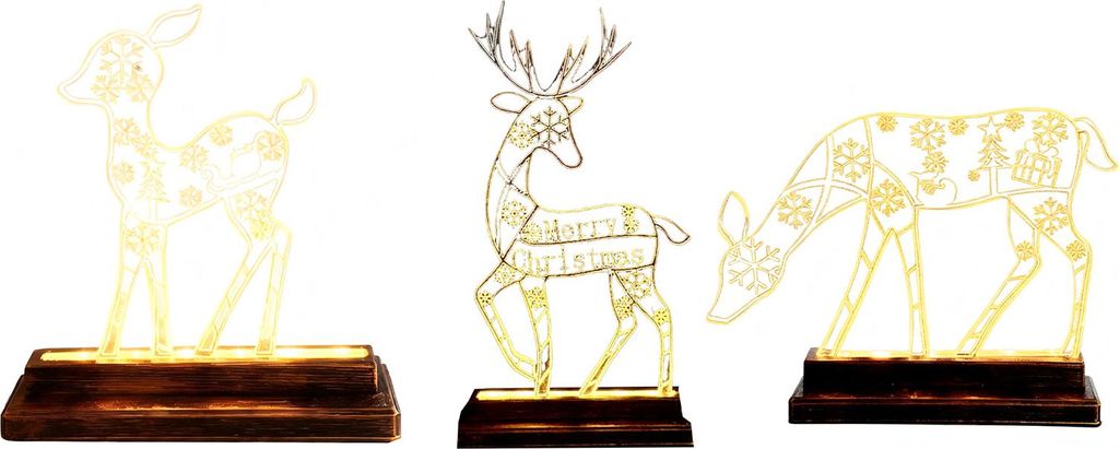 Beleuchtete Weihnachts-Hirschfigur aus Metall mit Holzsockel für drinnen und draußen, für Haus, Garten oder als Tischdekoration