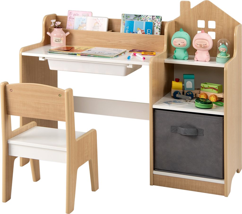 A child's desk and chair set with storage.