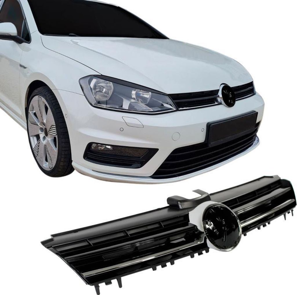 Kühlergrill Kühlergitter für Golf 7 schwarz glanz mit Chromleiste R Look mit Aussparung für das Emblem passend für VW Golf 7 08/12-17 alle Mod...