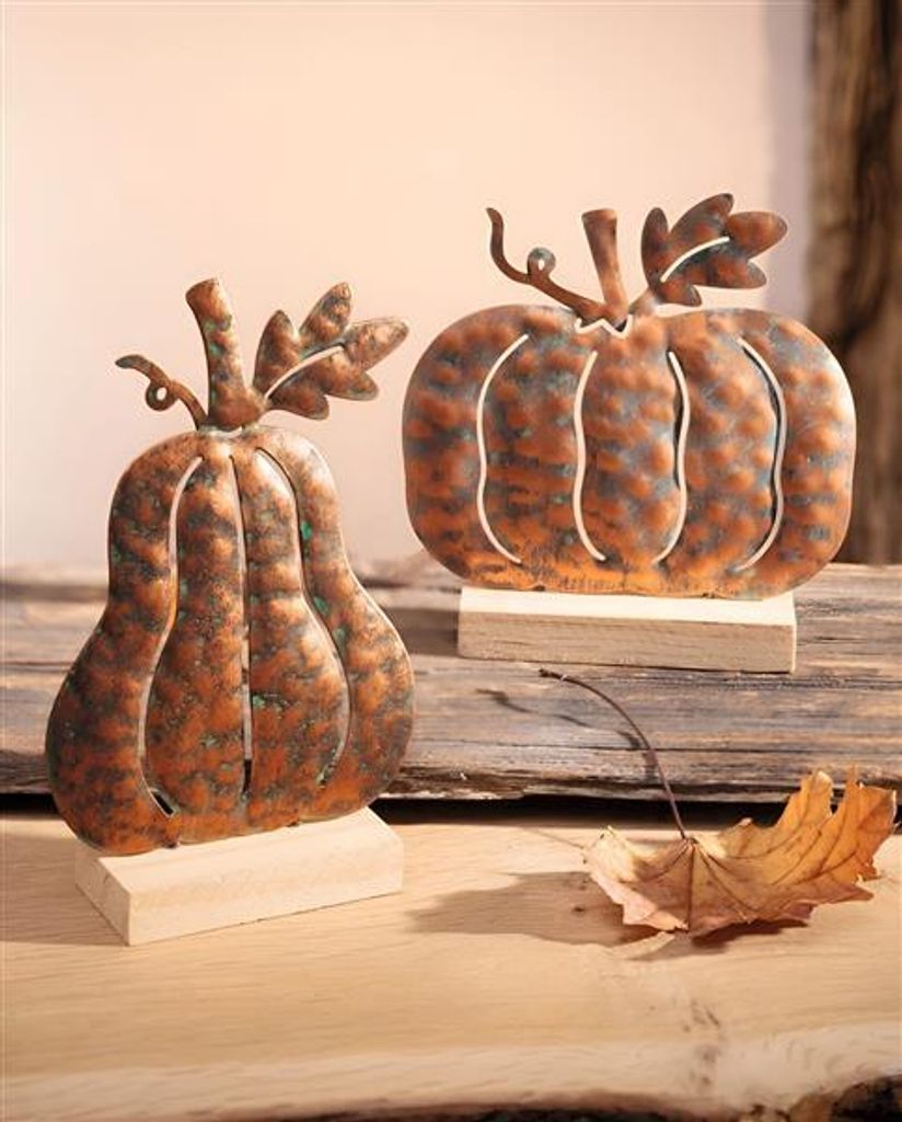 2x Kürbis "Metallic" aus Metall, kupfer, 14 + 16 cm hoch, Dekofigur, Halloweendeko, Herbstdeko
