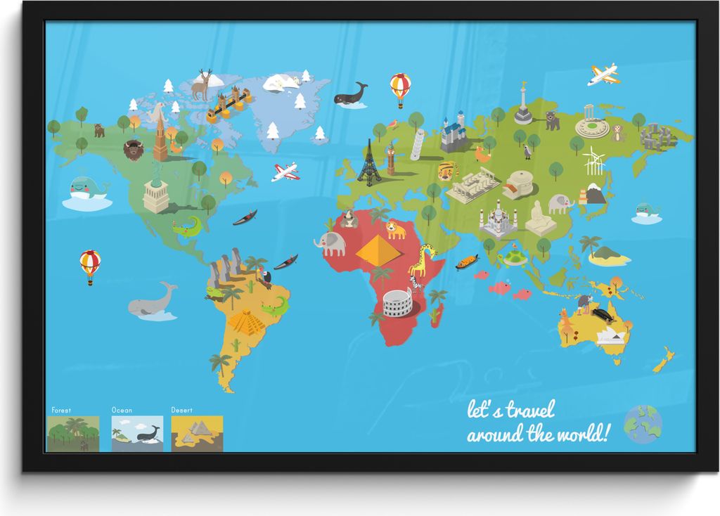 MuchoWow MuchoWow Gerahmtes Poster Weltkarte Kinder - Modern - Symbole 60x40 cm - Poster mit zchwarzem Bilderrahmen - Printing - Wanddeko Schla...
