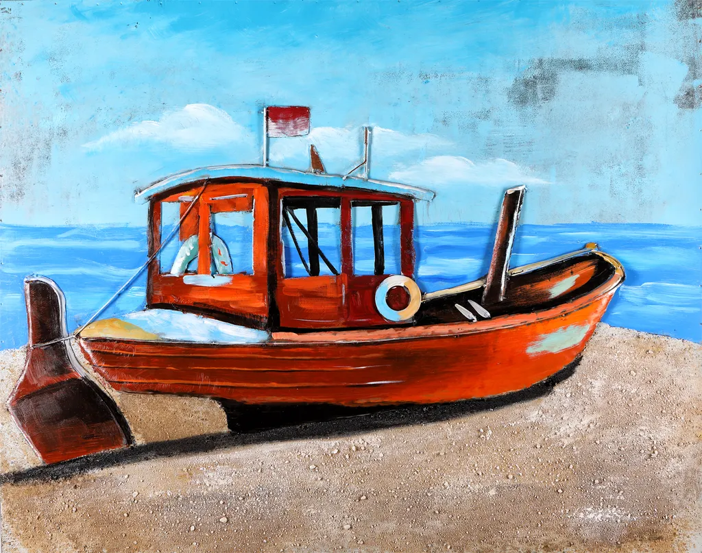Tableau métal fait main cotre orange marée basse 100x80cm FAM-02445