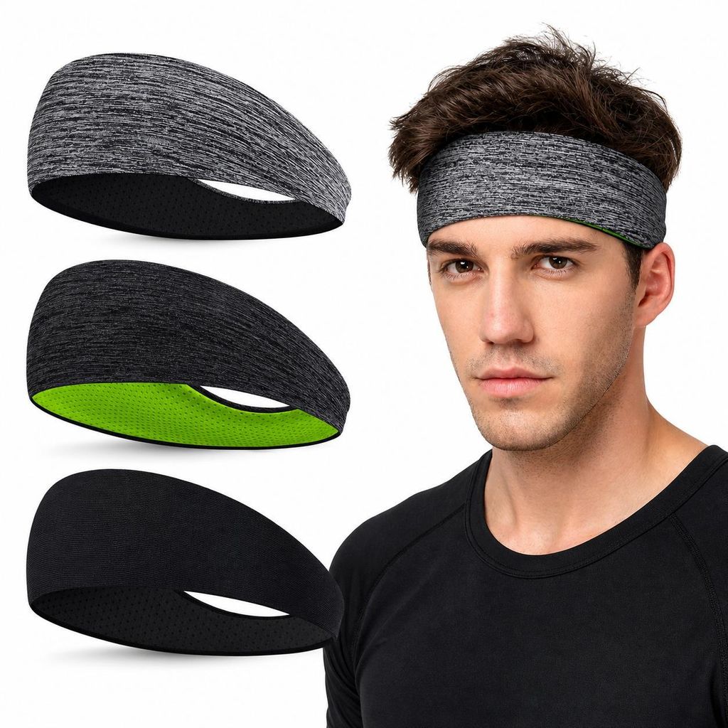 Sport Stirnband 3er Set Schwarz Grau Grün– rutschfest, Produktbild 