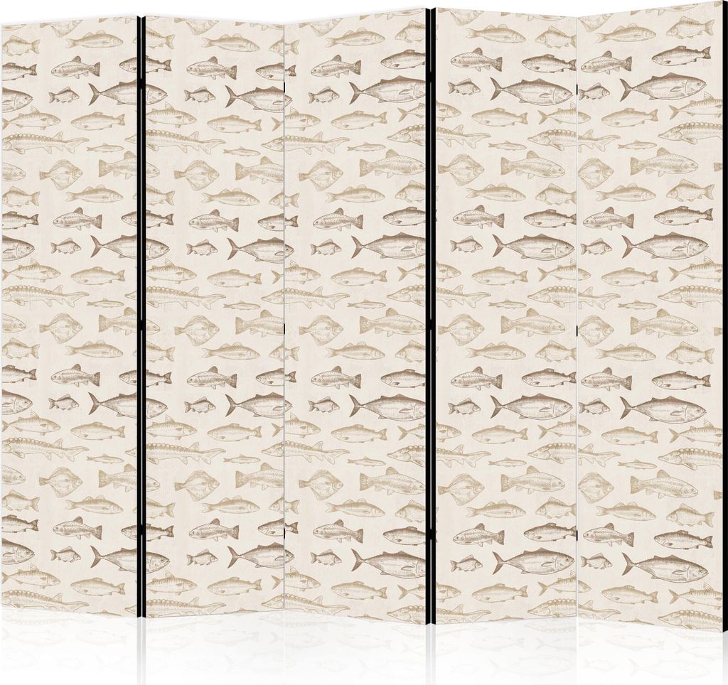 5-teiliger Einseitiger Vlies Paravent - Fish in Beige Tones - Various Species of Fish in Beige-Brown Colors Presented in Vintage Style on a Light B...