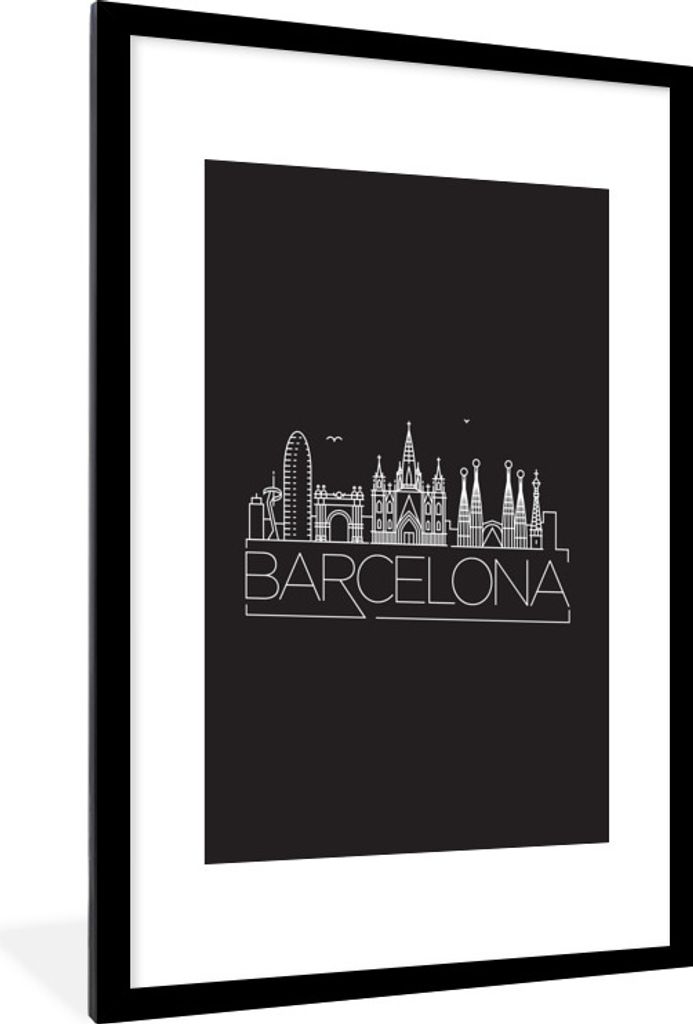 MuchoWow MuchoWow Gerahmtes Poster Skyline "Barcelona" schwarz 60x90 cm - Poster mit zchwarzem Bilderrahmen - Dekoration - Wandposter Wohnzimme...