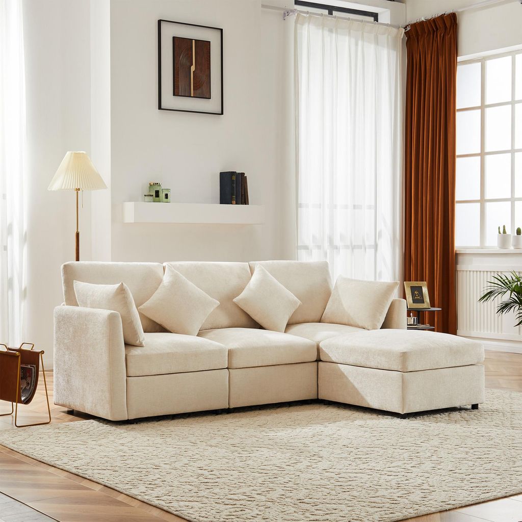 Merax Ecksofa, L-Form Sofa mit Schlaffunktion, 3-4 Sitzer Couch Soffa mit 4 Kissen, Wohnzimmersofa, Couchgarnitur, Chenille Stoff, Beige
