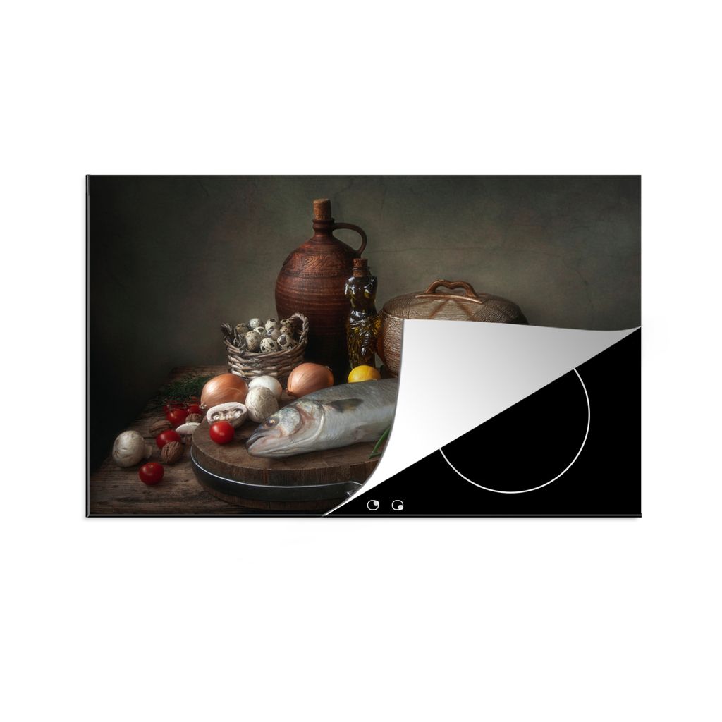 KitchenYeah Herdabdeckplatte Rustikal - Fisch - Stilleben - Gemüse - Kräuter , 81x52cm, Küche Deko, Glaskeramikkochfeld Herdabdeckung, Abdeckp...