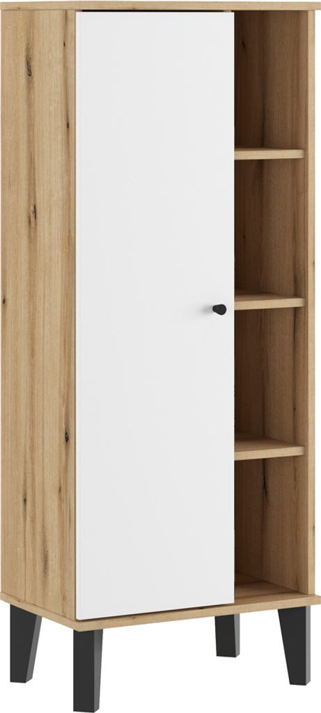 Badezimmer-Midischrank 51 cm breit in Eiche mit weiß, 1 Tür, 4 offene Fächer OLEAN-61