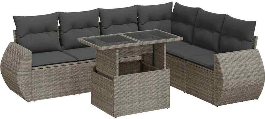 7-tlg. Garten-Sofagarnitur mit Kissen Grau Poly Rattan