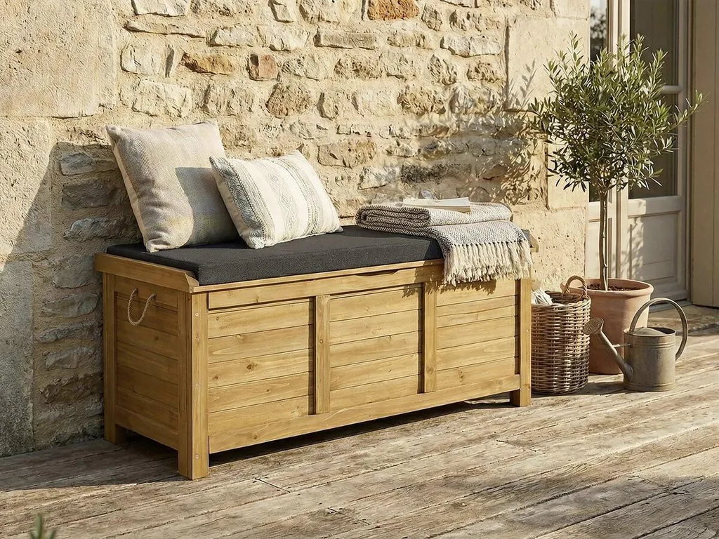 Coffre de jardin Gana pour coussins et outils - Bois marron 125 x 60 cm