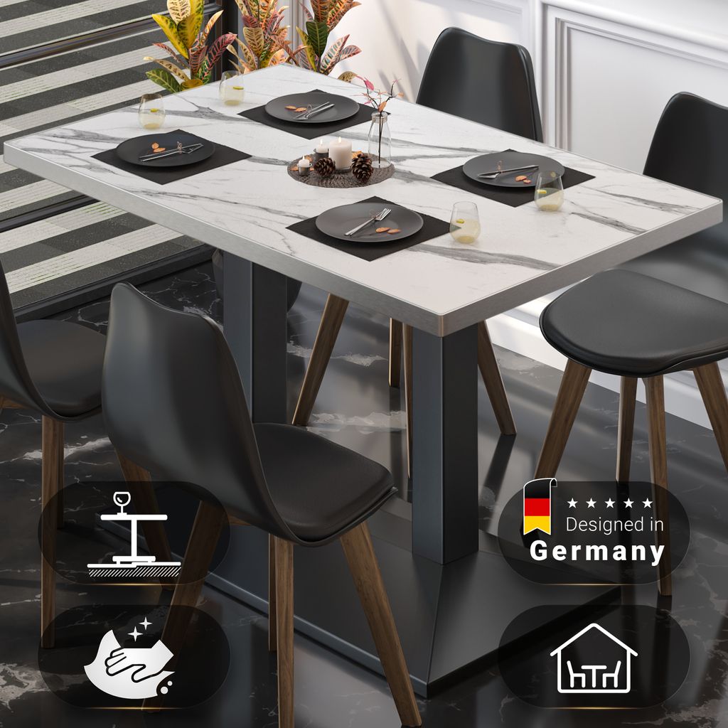 BPA | Bistro Tisch | 120 x 70 x 81 cm | Rechteckig | Edelstahl Rand | Weiß Marmor / Schwarz | Bistrotisch Gastro Tisch