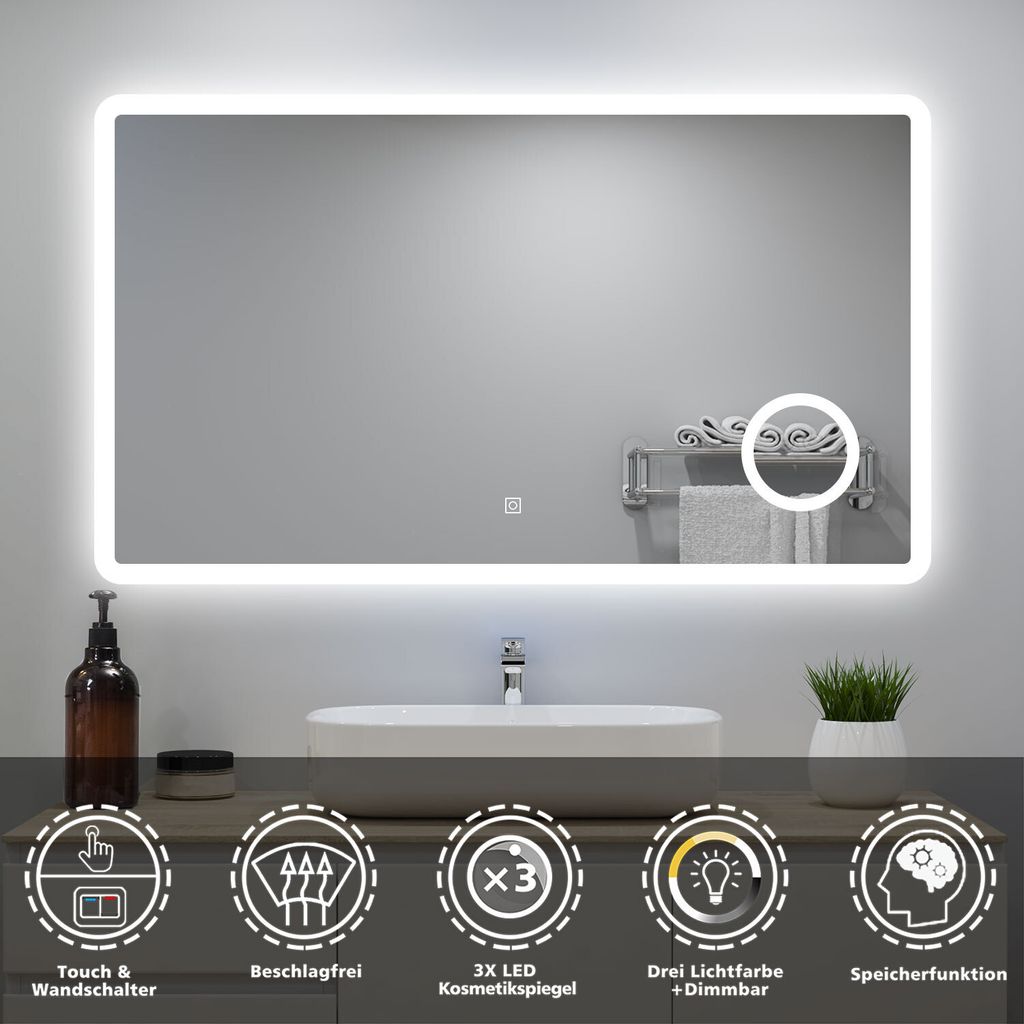 AICA LED Wandspiegel 120x70cm Touch/Wandschalter Beschlagfrei 3 Lichtfarbe Dimmbar Badezimmerspiegel mit 3-Fach Vergrößerung Schminkspiegel IP44