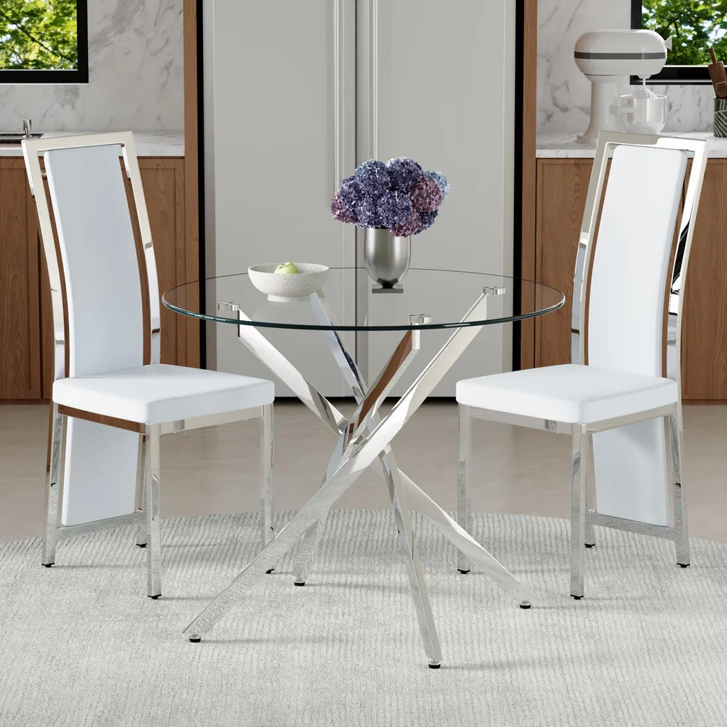 Petit ensemble salle à manger table en verre 88 cm et 2 chaises confort