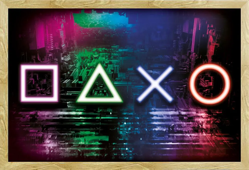 Gaming - Poster - Simboli del controller al neon + cornice rimovibile, Shinsuke® Maxi MDF faggio, disco acrilico