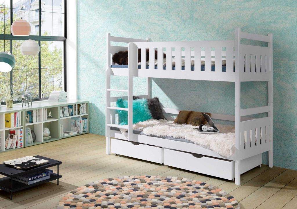 KEF ADRIANA Etagenbett Kinder Holz Kinderbett für Zwei Kinder Leiter Links mit Matratze Weiß 90x180 cm