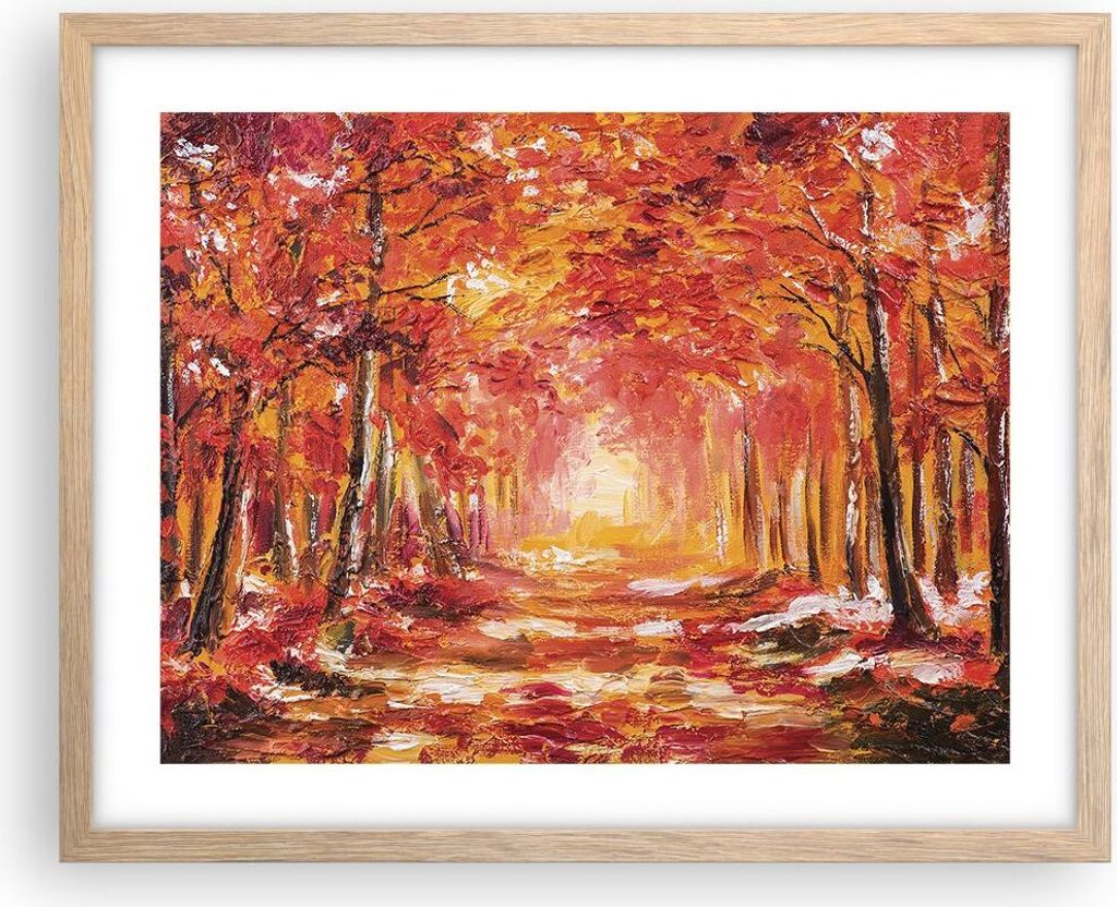 Gerahmtes Poster - Rahmen in heller Eiche - Herbst Wald Rot - 50x40 cm - Wand Bild - Wanddeko - Wandbilder - Kunstposter - Wandposter - Bilderrahme...