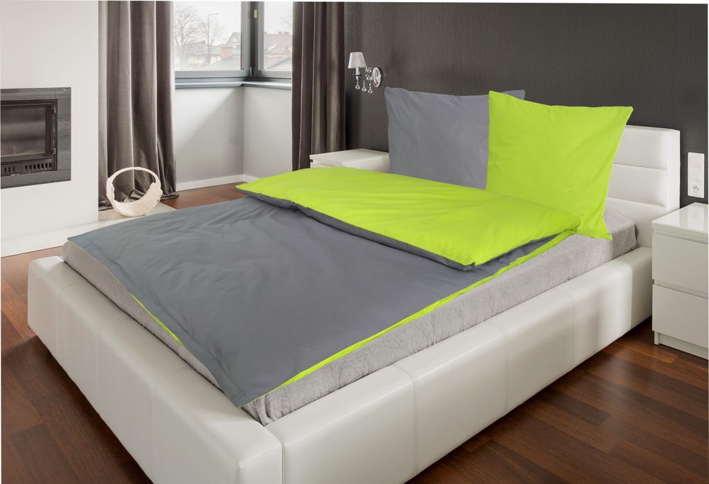 Bettwäsche Baumwolle Renforcé uni Wende 135x200 + 80x80 cm 100% Reißverschluss 2 teilig Anthrazit / Grün