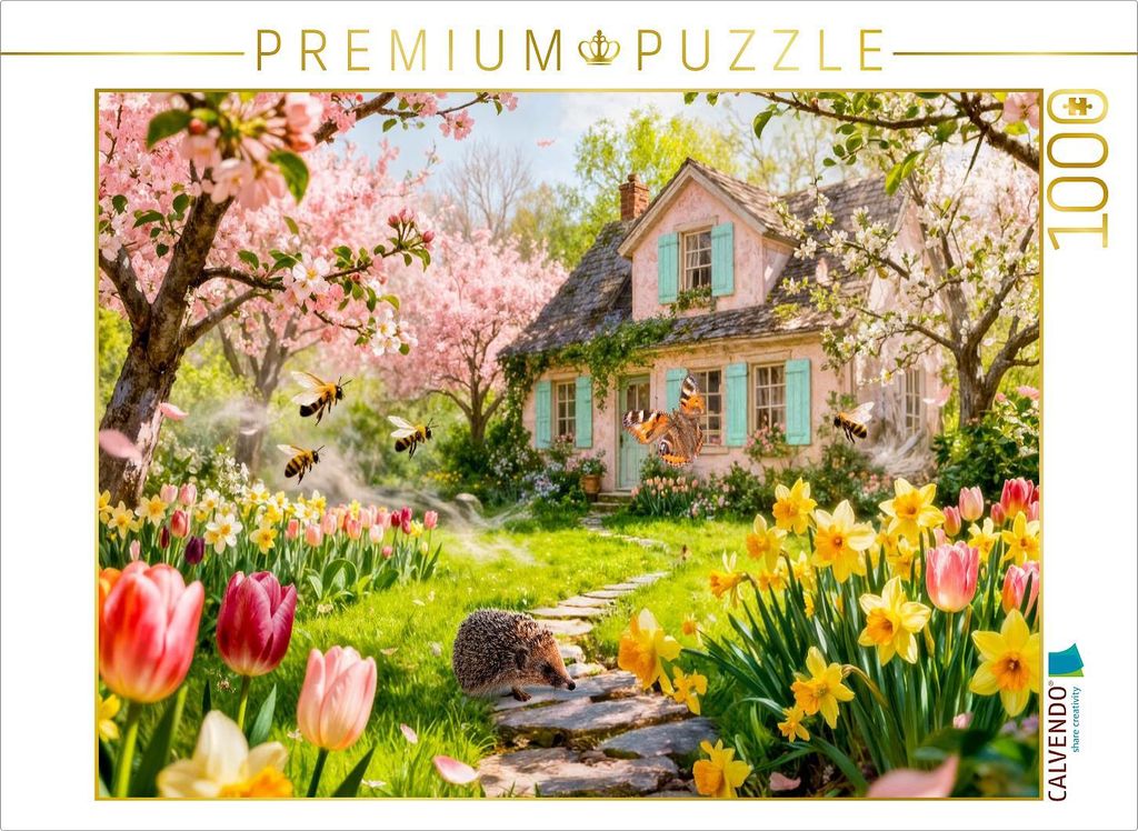 CALVENDO Puzzle Frühlings‐Cottage mit Igel und blühenden Kirschbäumen | 1000 Teile Lege-Größe 64x48cm Foto-Puzzle für glückliche Stunden