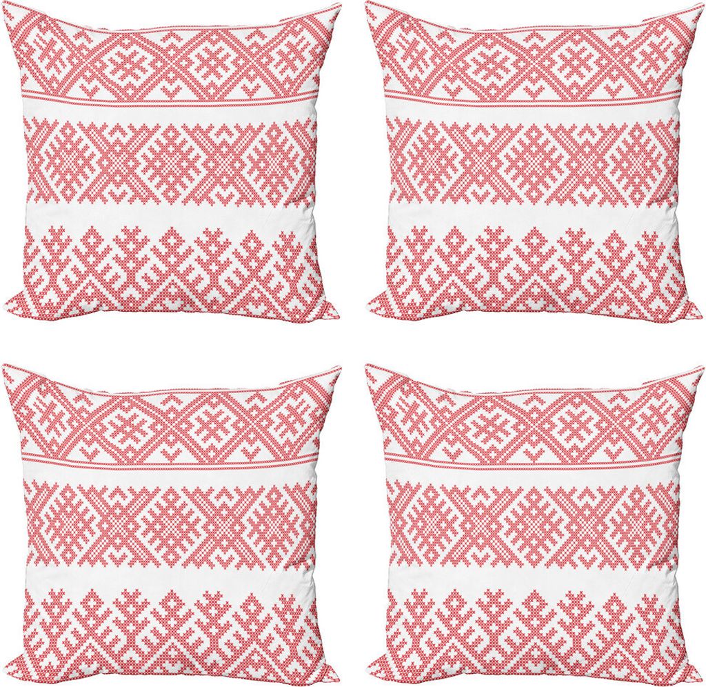 ABAKUHAUS Russisch Kissenbezug Set (4 Stück), Slavic Motive Kunst-Muster, Moderner Doppelseitiger Digitaldruck, 40 cm x 40 cm, Vermilion und Weiß