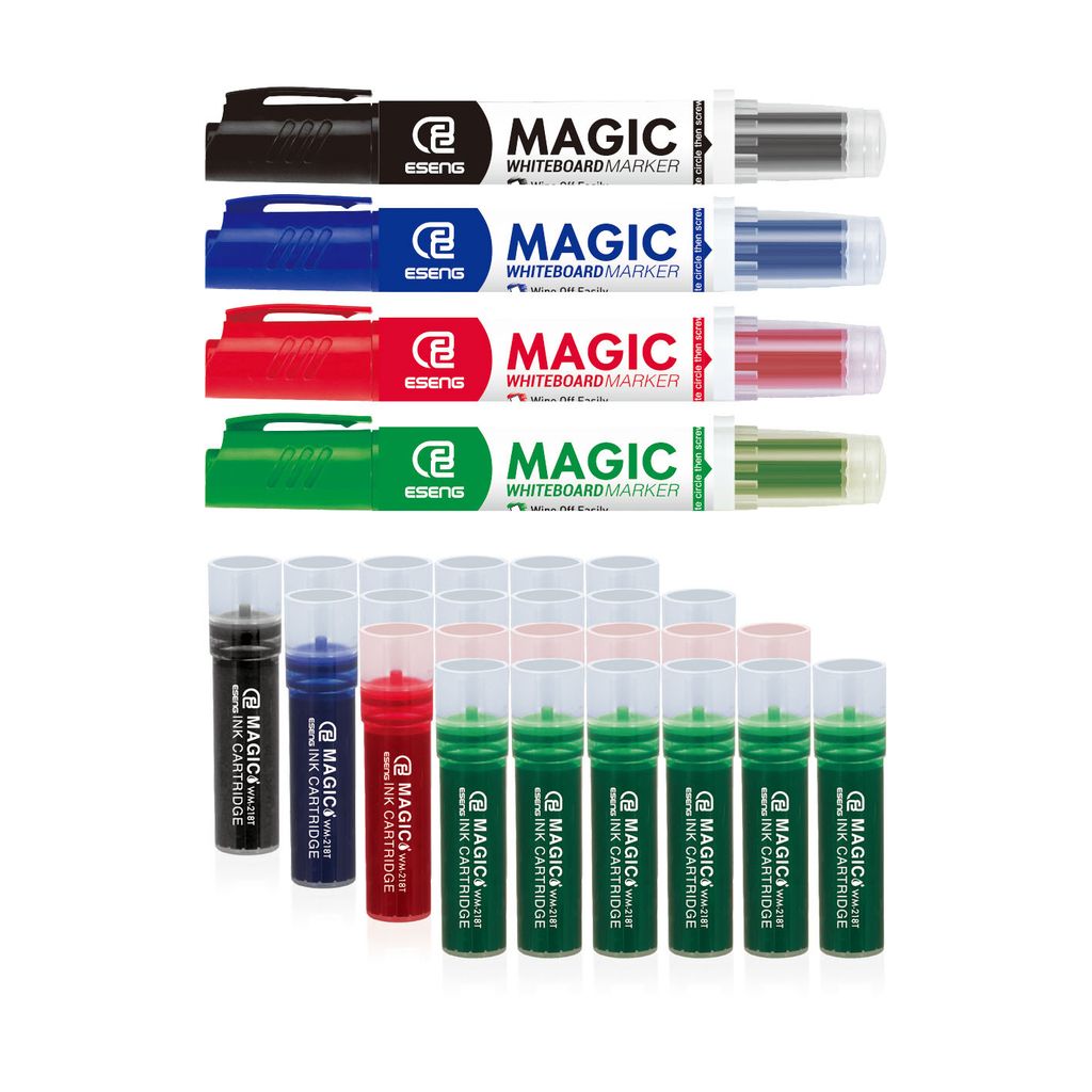 ESENG Whiteboard Marker MAGIC WM-218, nachfüllbar, trocken abwischbar, Rundspitze (1x4 Marker + 6x4 Patronen)