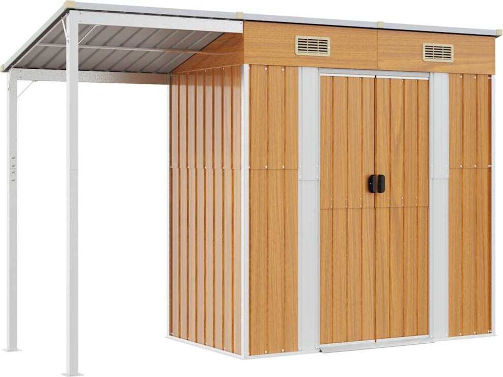 A garden shed with a lean-to roof, shown from the front and side.
