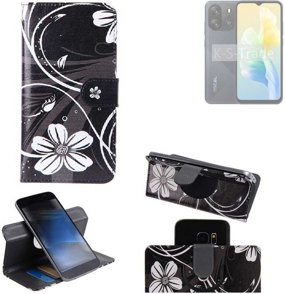 K-S-Trade Schutzhülle Handyhülle kompatibel mit Blackview Oscal Flat 1C Hülle 360° Wallet Case “Flowers“ Klapphülle Hülle schwarz-weiß 1x