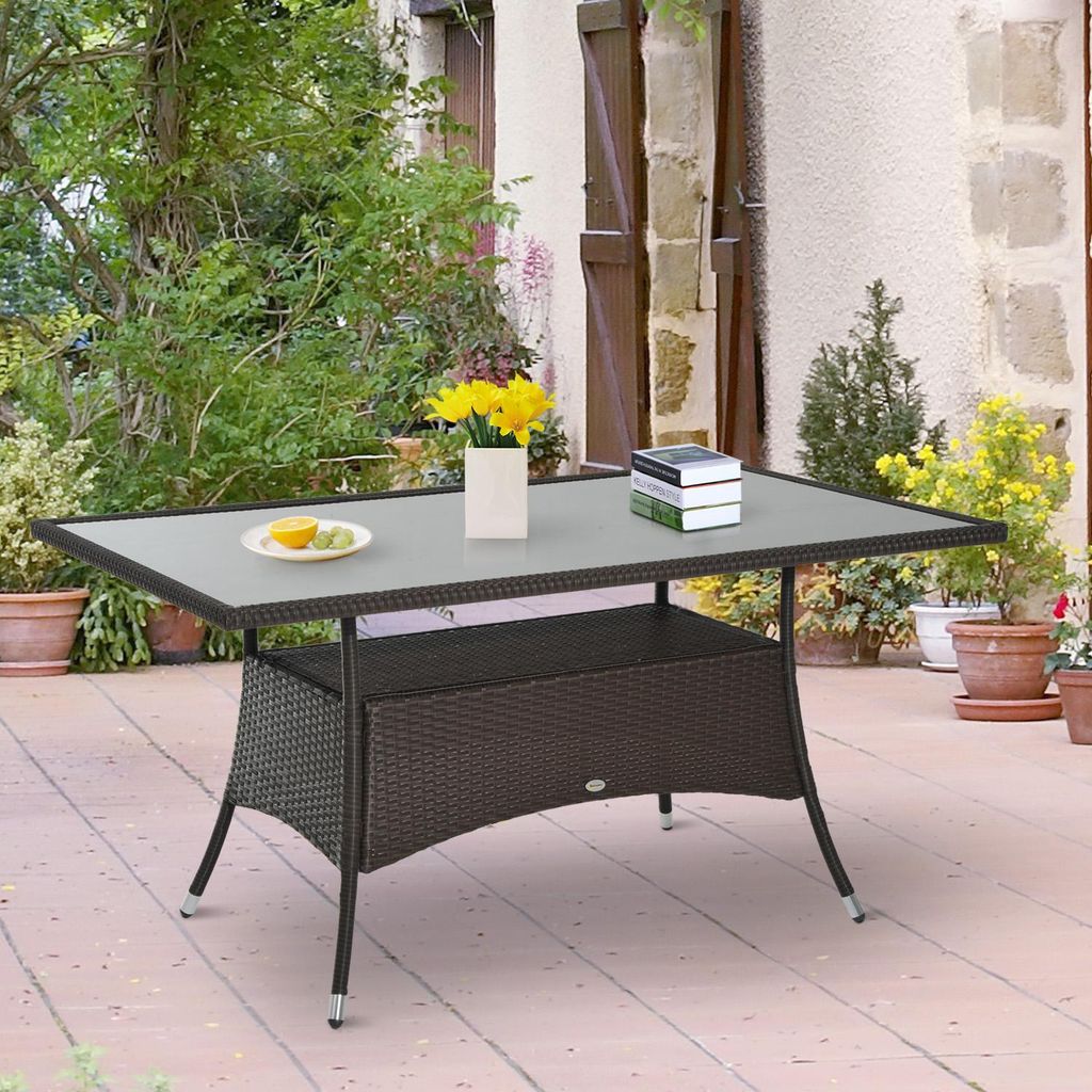 Gartentisch Polyrattan Esstisch groß, Outdoor Tisch Sicherheitsglas, PE-Rattan Metall, Braun Schwarz | 150x85x74 cm | 5mm Sicherheitsglas | bis 80 kg