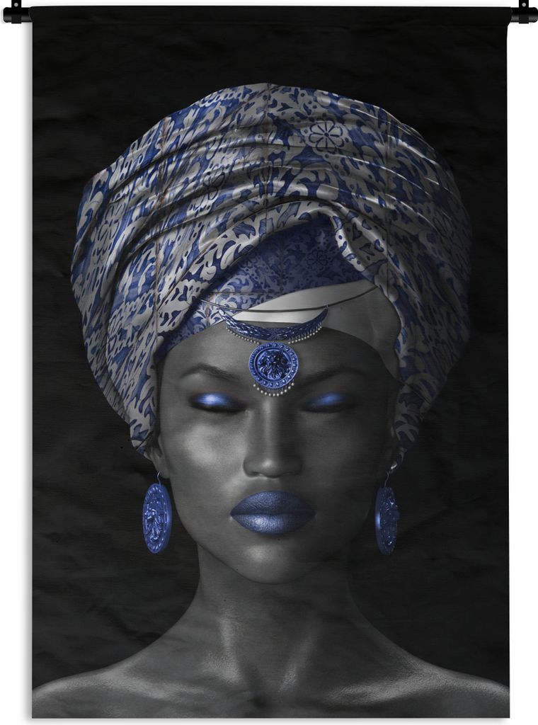 MuchoWow Wandteppich Wandbehang Frau - Kopftuch - Blau 90x135 cm Tapisserie Dekoration Wandtuch - Baumwolle - Wandskulptur