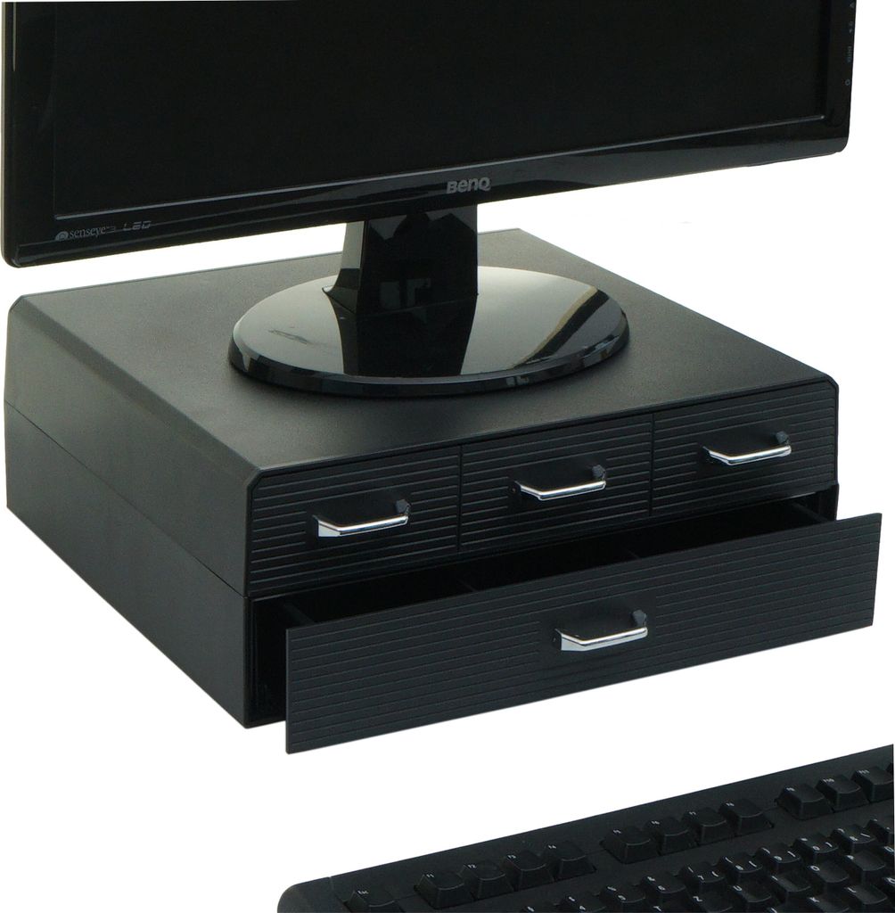 Monitorerhöhung MCW-L99, Monitorständer Bildschirmerhöhung Aufbewahrungsbox mit 4 Schubladen und 15 Fächern 13x34x31cm