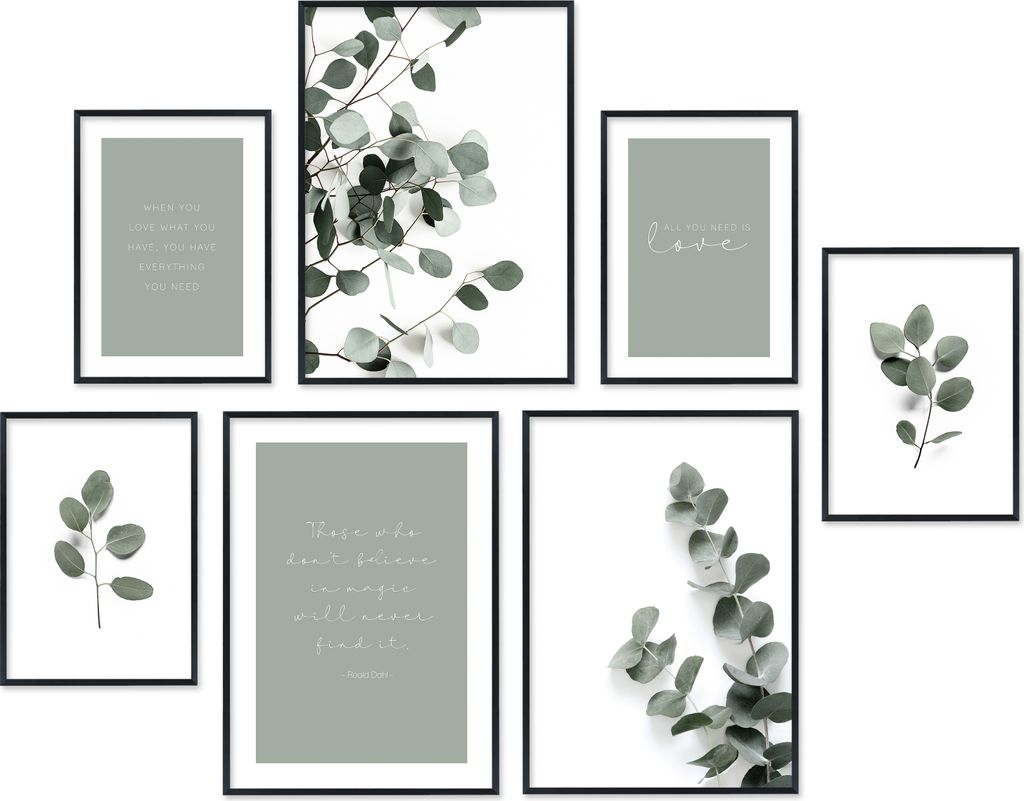 Hyggelig Home Premium Poster Set - 7 passende Bilder OHNE RAHMEN - Eukalyptus grün Natur Blätter Pflanzen Wandbilder für Wohnzimmer Schlafzimmer...