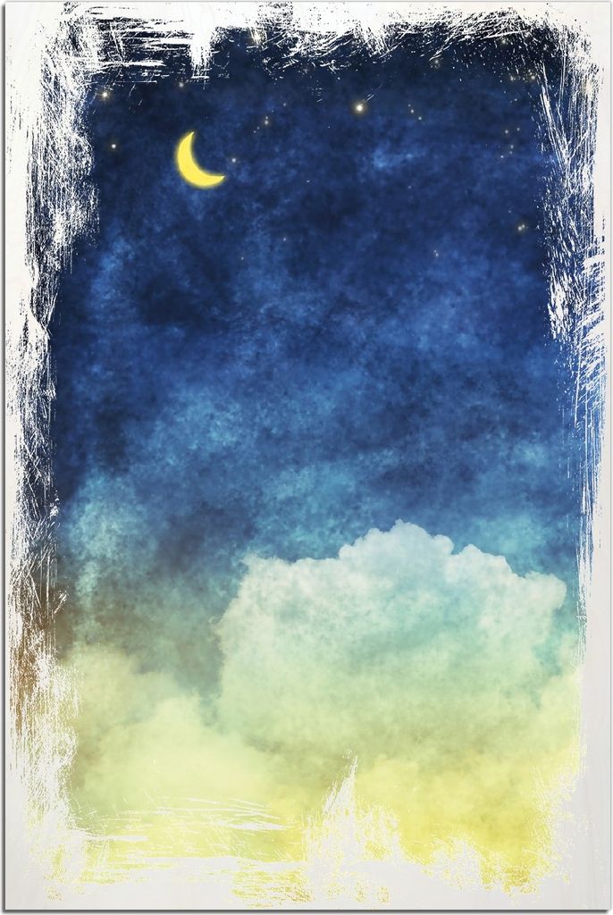 Kunstdrucke Wandbilder Holz in : Brillante Farben, Größe 60 x 90 cm Motiv Wolkenhimmel mit Mond und Sternen