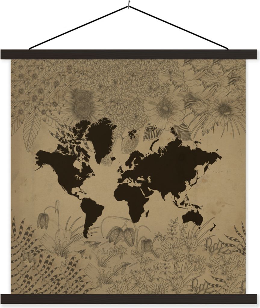 MuchoWow Textilposter Weltkarte - Grün - Pflanzen 120x120 cm mit schwarzem Rahmen - Aufhängungsset