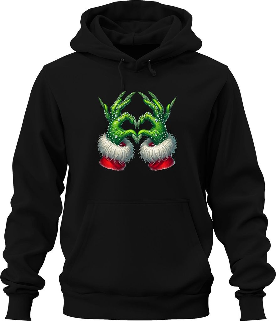 Grinch Hände Herz Weihnachten lustig Geschenk Glitzer Uni Hoodie Kapuzenpullover, Schwarz, 3XL