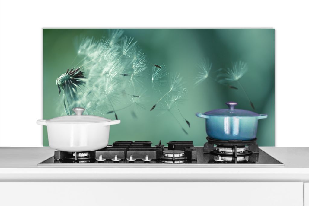 KitchenYeah Spritzschutz Küche - Küchenrückwand - Wandschutz für Herd und Spüle - Saatgut - Löwenzahn - Abstrakt 100x50 - Alu-Dibond (Alter...