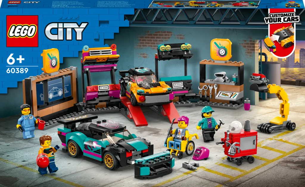 LEGO City 60389 avec 4 Minifigures, Garage de Tuning et Voitures de Course