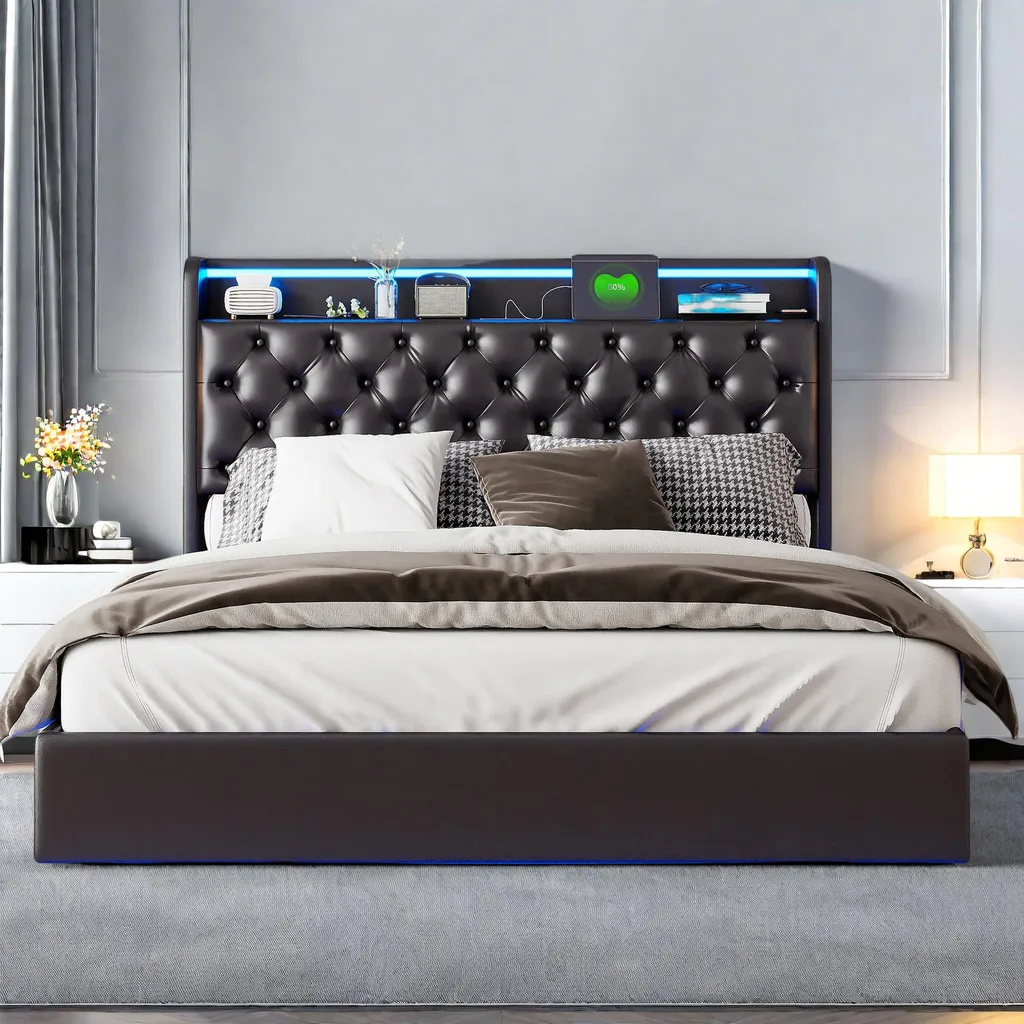 Lit 140x200cm : Gain de Place avec Rangement et Prise Électrique LED
