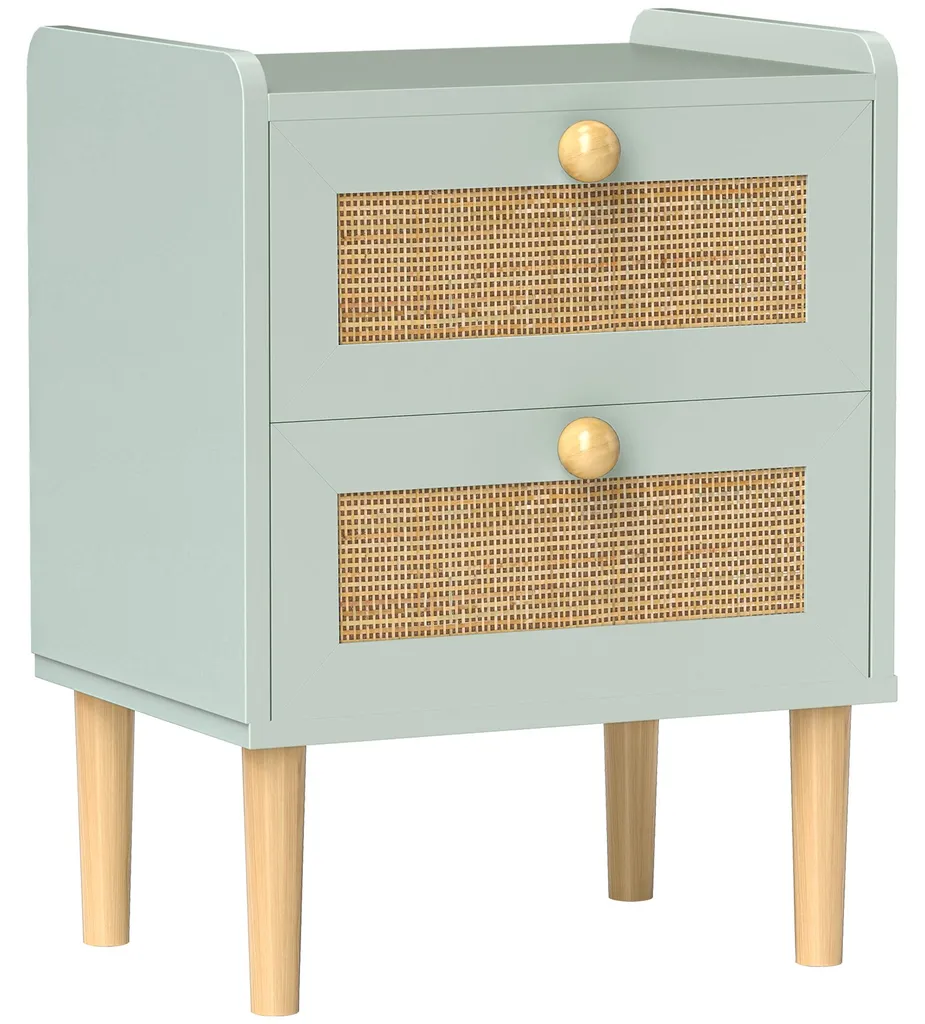 Commode bohème en résine tressée avec 2 tiroirs, vert olive 52,5 cm